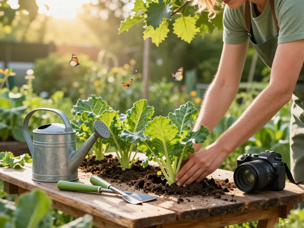 Lauchpflanzen being planted in a lush garden with vibrant greenery and warm sunlight.
