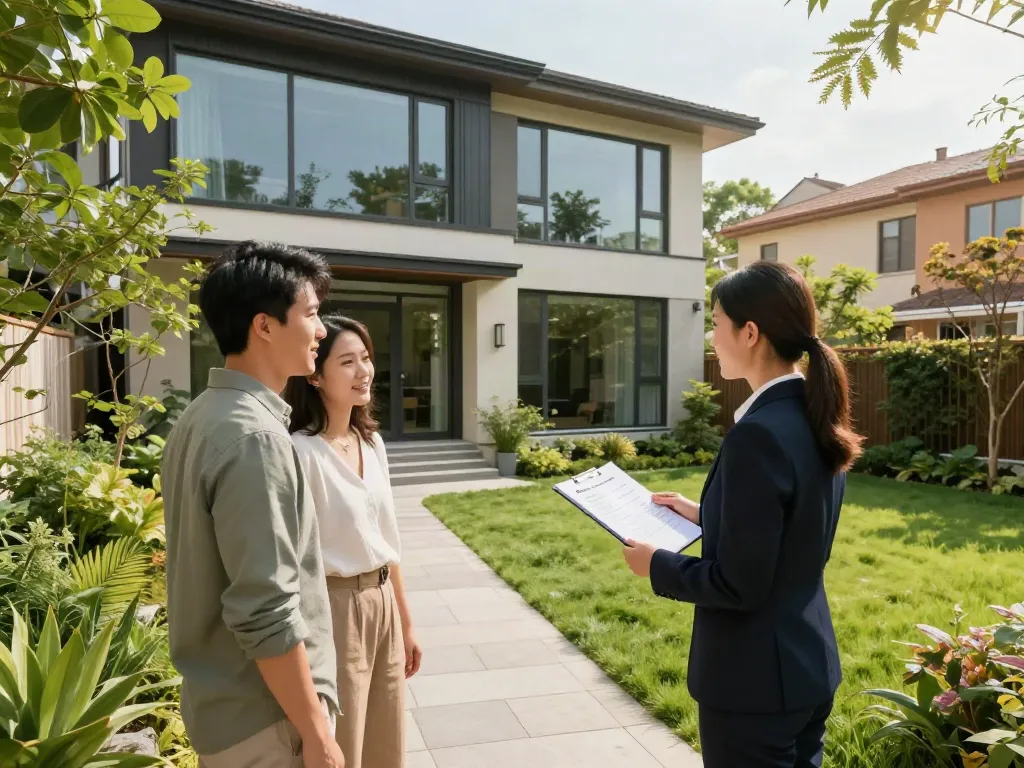 Bester Immobilienmakler Frankfurt präsentiert modernes Wohnhaus mit professionellem Agenten und Gästen.