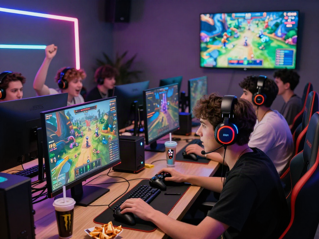 Diverse gamers enjoying a tense rokok88 competition in an energetic lounge setting.
