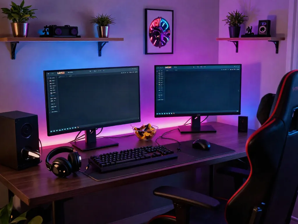 Player engaging with the app Uk88 in a vibrant gaming setup, showcasing a modern desk and dual monitors.