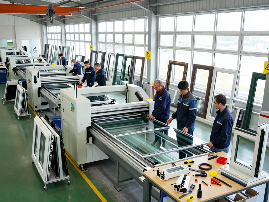 Ingenieure prüfen Fensterrahmen im Fensterbau in einer modernen Produktionsstätte