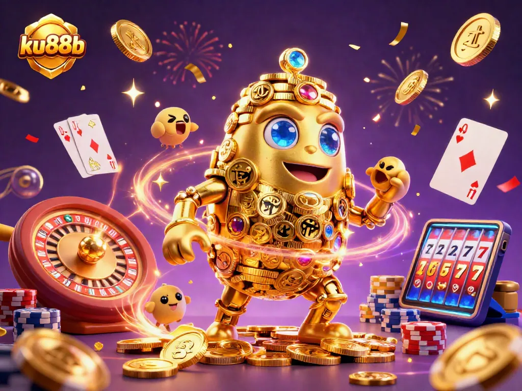 Spin to win with ku88b, a dynamic 3D illustration showcasing thrilling casino action and gold coin excitement.