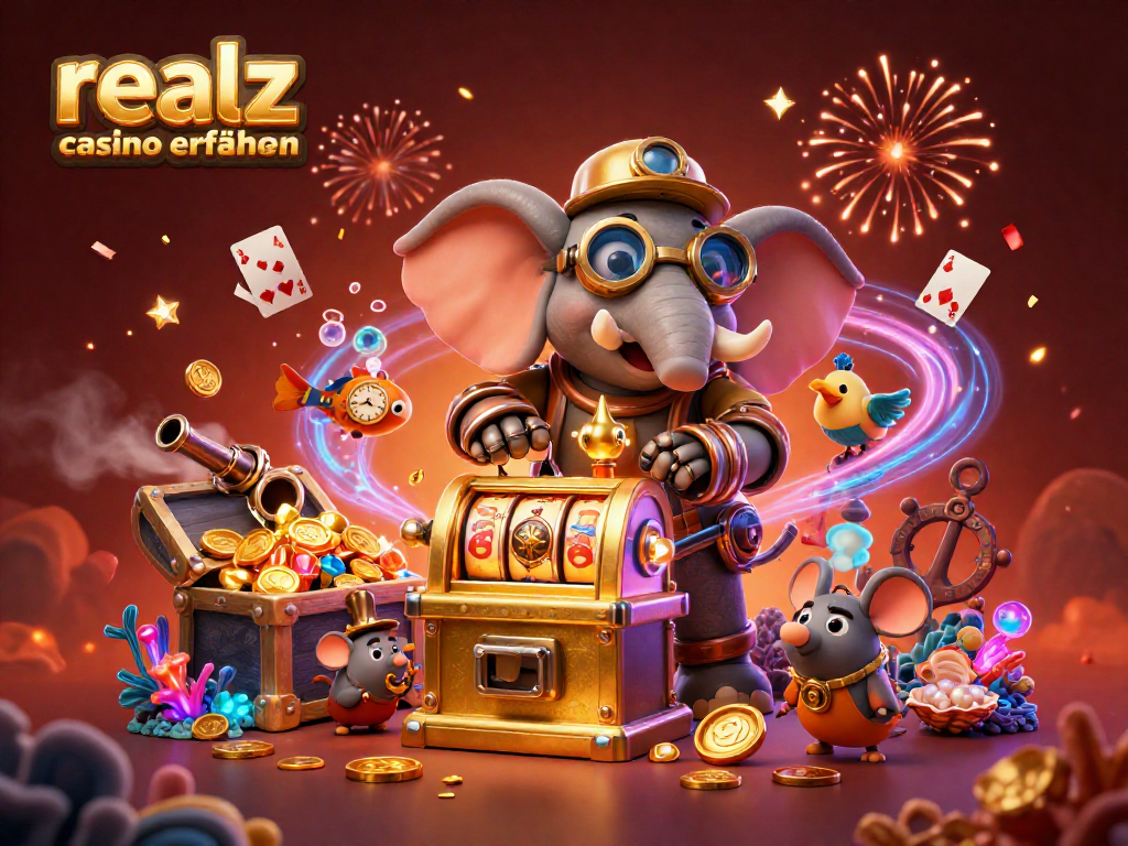 Erlebe spannende Realz Casino Erfahrungen mit einem zentralen Steampunk-Elefanten an einem goldenen Spielautomaten.