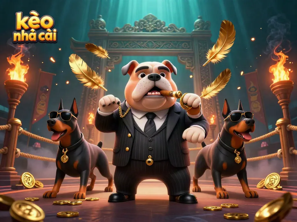 Engage in kèo nhà cái with a flamboyant mafia bulldog character and two Doberman bodyguards surrounded by golden betting elements.