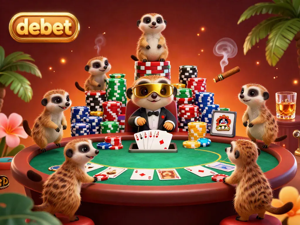 Meerkats running a vibrant casino operation, featuring debet elements like poker chips and a playful atmosphere.