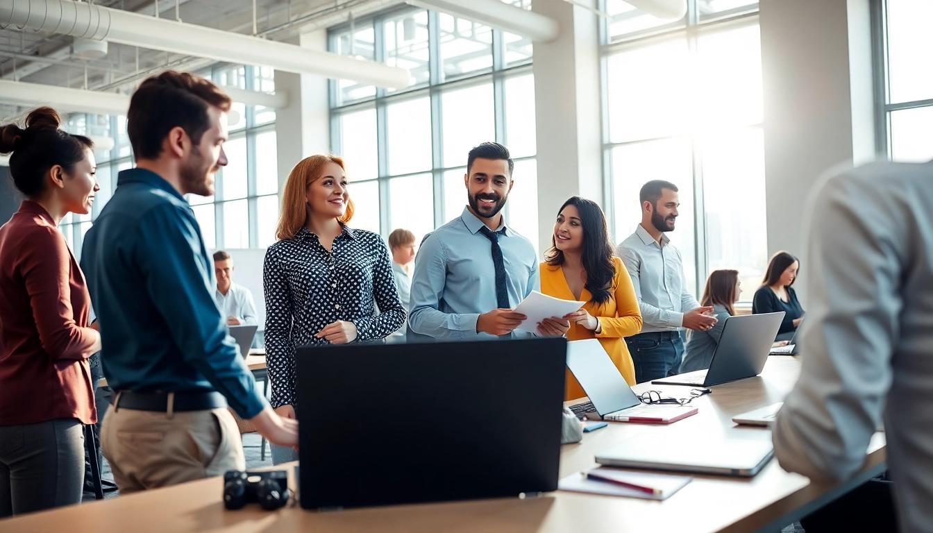 Personalvermittlung in einem modernen Büro mit Mitarbeitern, die aktiv arbeiten.
