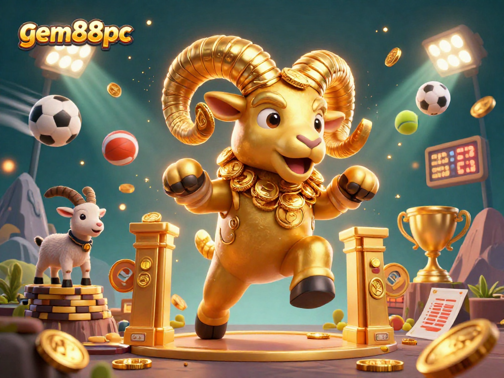 Experience the excitement of gem88pc with golden ram charging through a dynamic casino scene filled with sports elements.