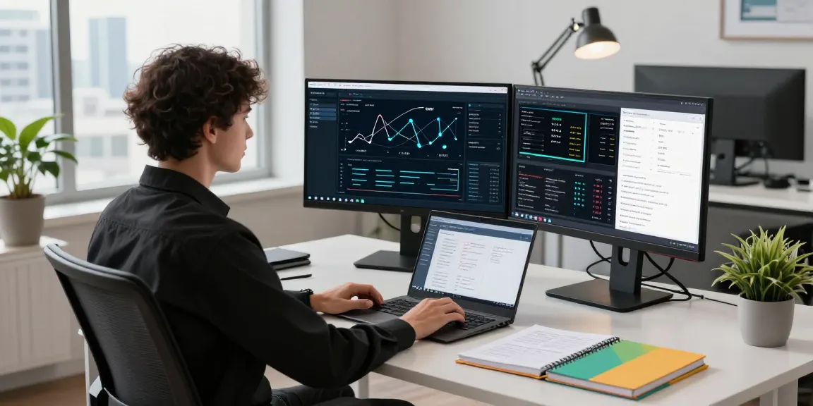 Mullvad VPN Test in a modern tech workspace with cybersecurity analytics displayed on screens.
