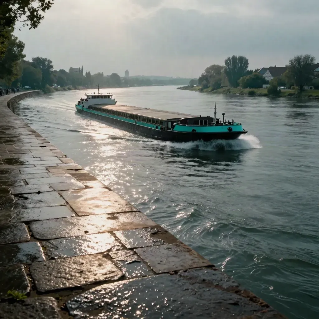 Blick auf eine Donaubiegung mit Frachtschiff, nasser Steinmole und Altstadtsilhouette im Morgenlicht.