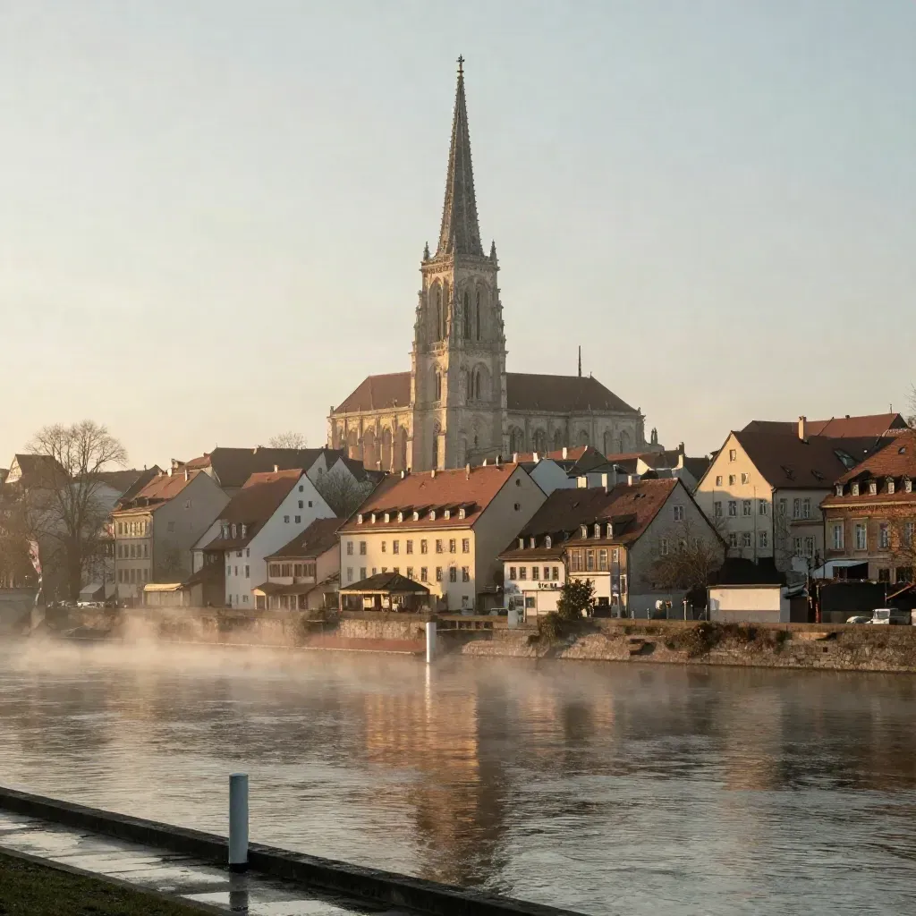 Ulmer Münster am Morgen über der Donau, mit Dunst und warmem Sonnenlicht auf den Dächern.