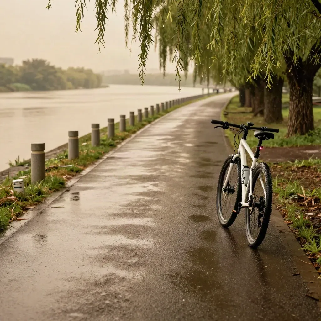Nasser Radweg am Donauufer mit Trekkingrad, Pfützen und Weiden nach dem Regenschauer.