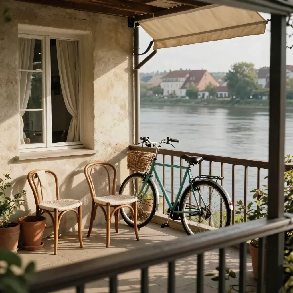 Leere Stühle und Fahrrad auf einer sonnigen Uferterrasse mit warmen Häusern am Fluss.