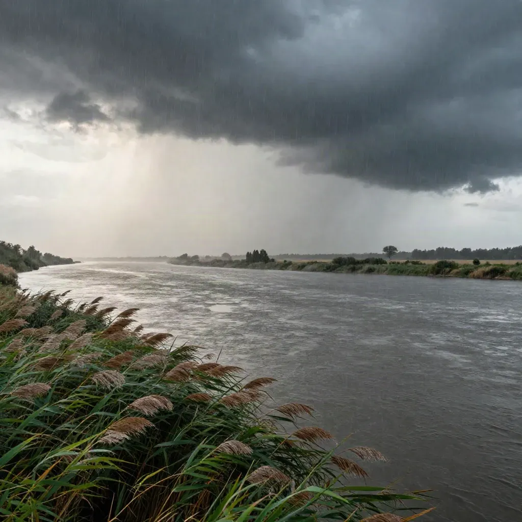 Breite Donau-Nebenarme im Regen, Schilf im Wind und dunkles Wasser unter drohendem Himmel.