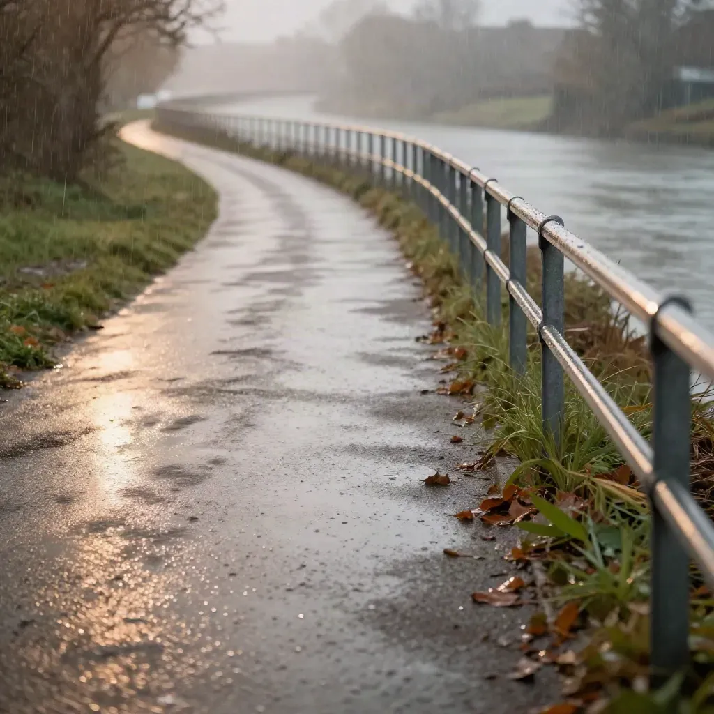 Regennasser Uferweg mit nassem Laub, Handlauf und Gräsern am Donauufer.