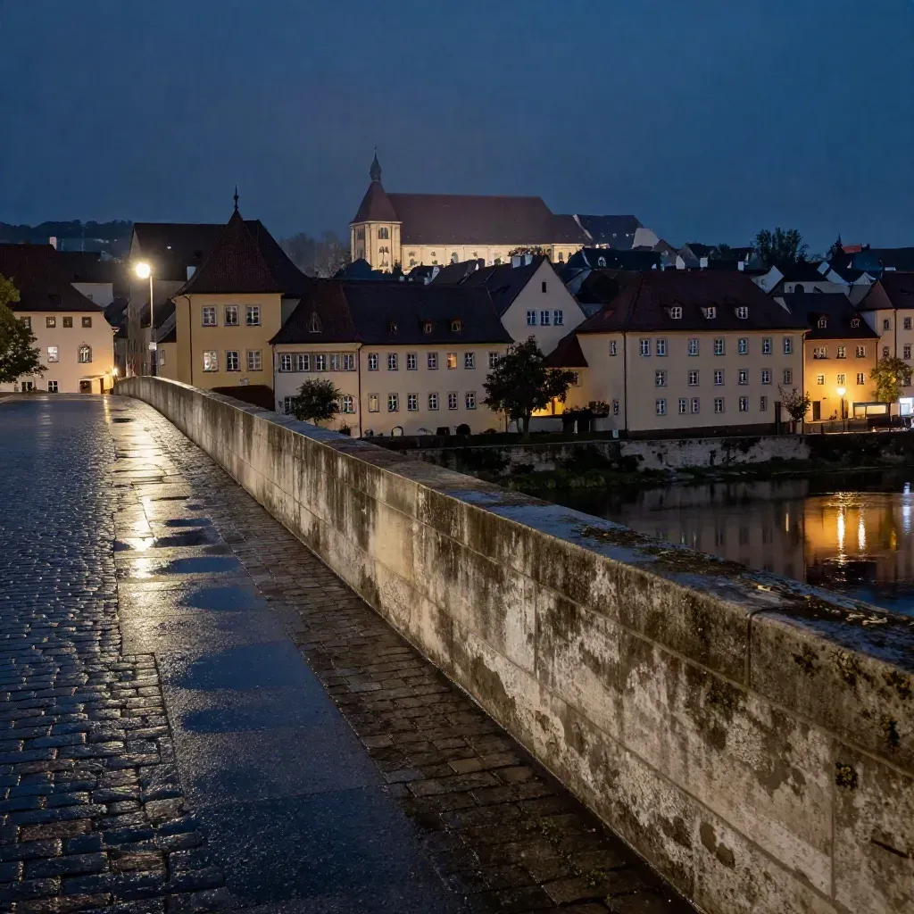 Nasse Pflastersteine spiegeln die Regensburger Altstadt am Brückenfuß bei Nacht.