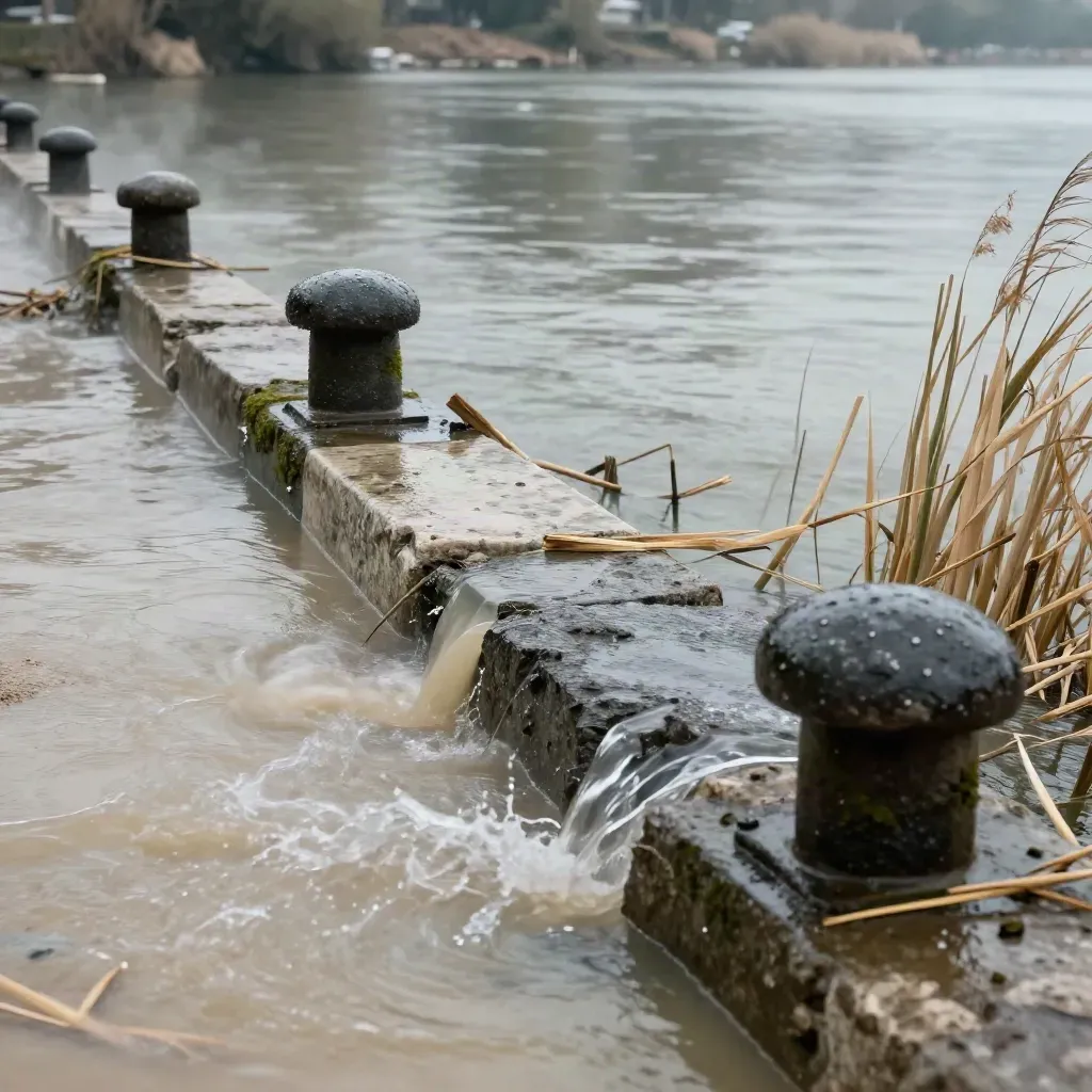Extrem tiefer Blick auf steigendes Donauwasser an einer nassen Steinmole mit Pegelpfahl und Schilf.
