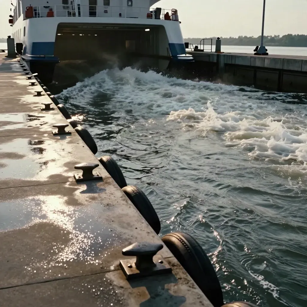 Fähre verlässt den Kai, breites Heckwasser am nassen Schleusenanleger mit Trossen und Spray.