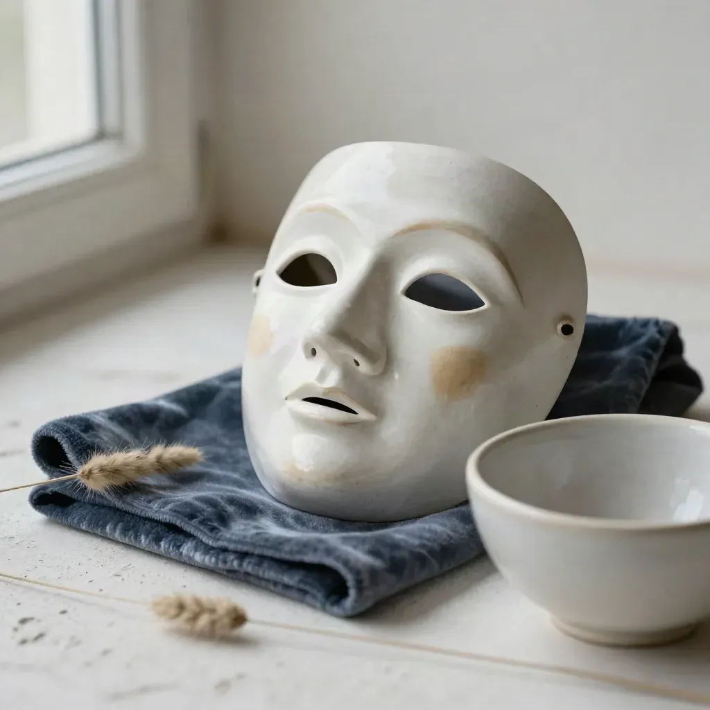 Kleine Theatermaske aus Keramik mit Samttuch, Gräsern und Schale auf hellem Putz