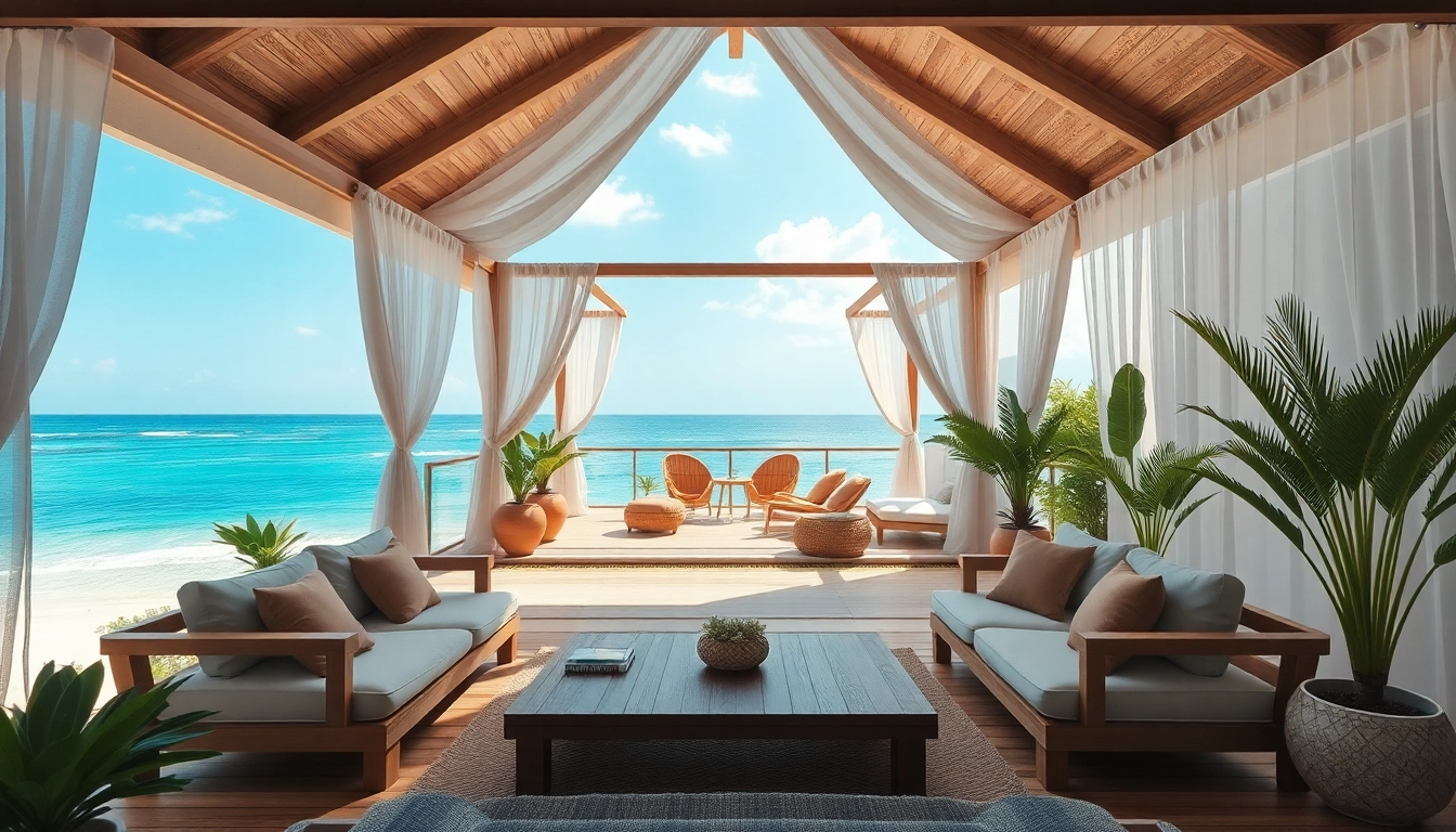 Küsten-Cabana mit modernem Design, entspannendem Blick auf das Meer und tropischen Pflanzen.