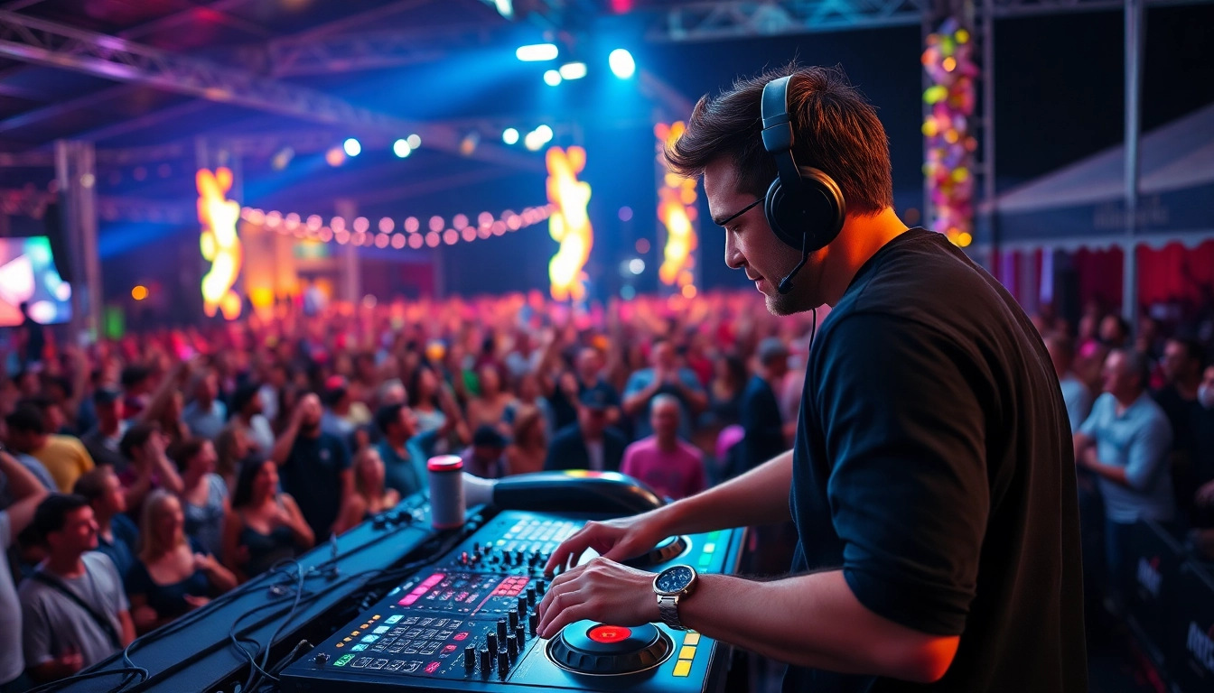DJ in München performing live at a vibrant festival, immersed in music and energy.