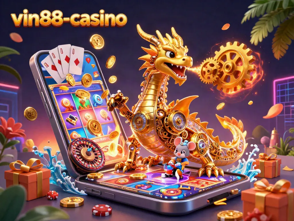 Engage in thrilling gaming at vin88-casino, featuring a golden dragon alongside colorful slot games!