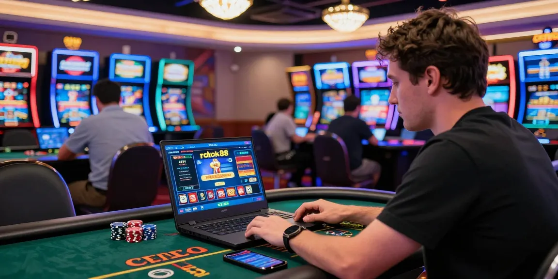 Player enjoying rokok88 online gaming experience in a vibrant casino