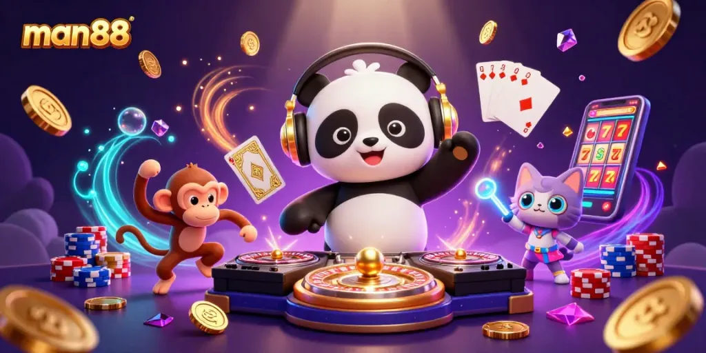 Experience the excitement of man88 with a lively 3D scene featuring a DJ panda, breakdancing monkey, and kitten in casino bliss.