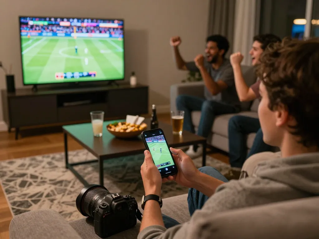 Engaging sports betting experience on smartphone while enjoying a thrilling game, highlighting 78winvina betting strategy.