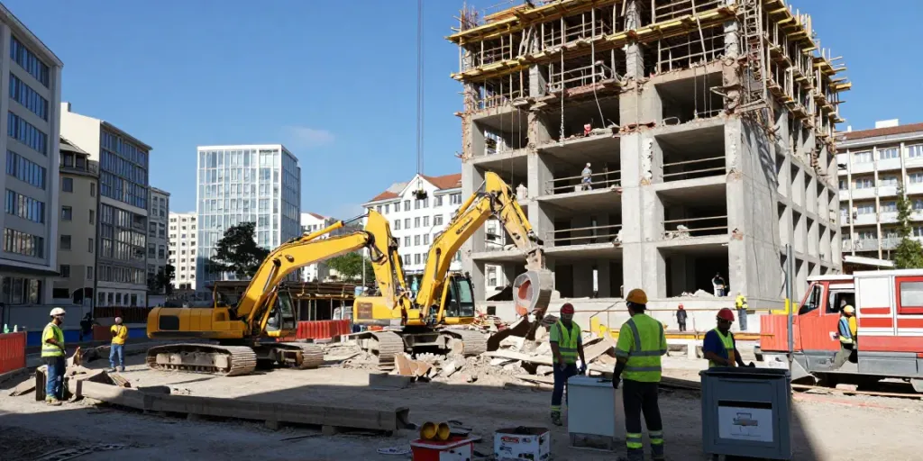 Abbruch Wien: Professioneller Abriss in Wien mit Bauarbeitern und Maschinen auf einer Baustelle
