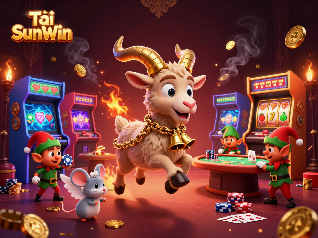 Tải SunWin showcases a lively casino scene with a Krampus goat, angel mouse, and naughty elf gremlins amidst colorful gaming elements.