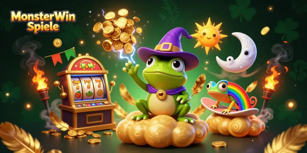 Erlebe die besten MonsterWin Spiele mit einem Wetterzauberer und einem chamäleonartigen Charakter in einer goldenen Regenbogenwelt.