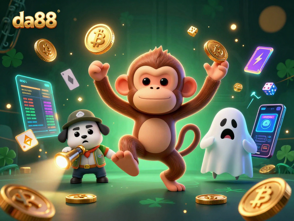 Experience the thrill of DA88's haunted casino as a mischievous monkey juggles golden coins and cards.