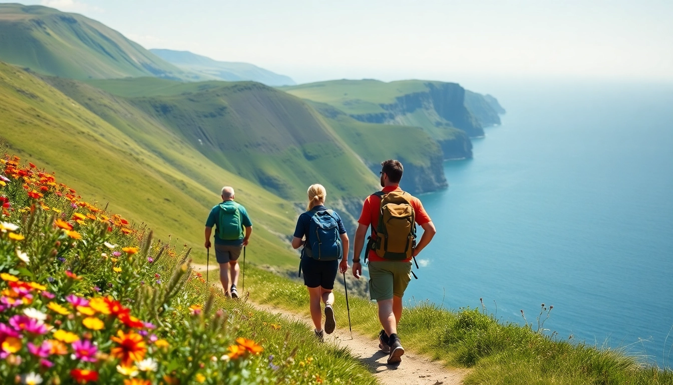Kerry Way Irland mit Wanderern, umgeben von atemberaubenden Küstenlandschaften und grünen Hügeln.