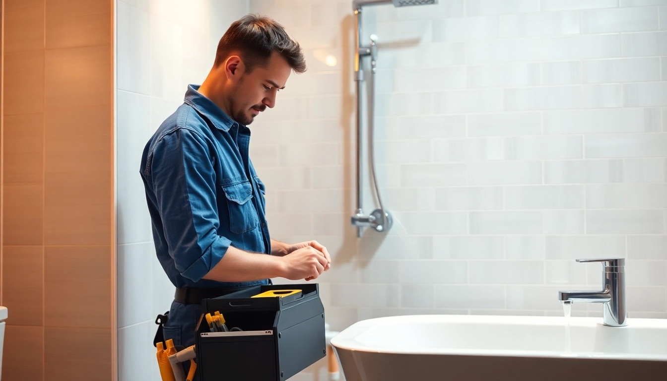 Professioneller Klempner bei der Reparatur eines Wasserlecks im modernen Badezimmer für Sanitär Notdienst.