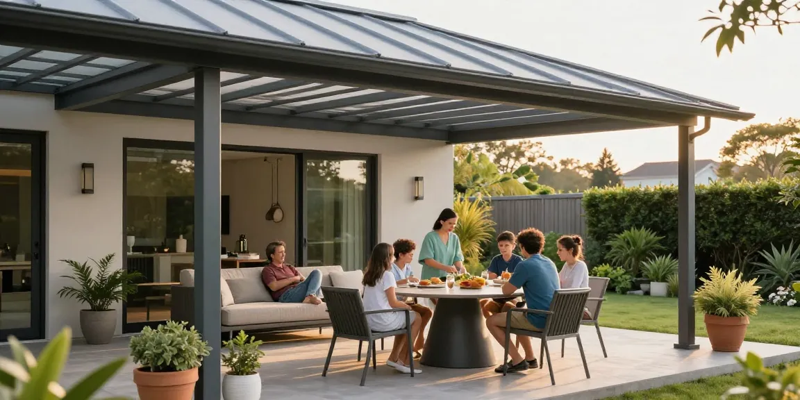 Moderne Terrassenüberdachung aus Aluminium mit Familie im Garten.