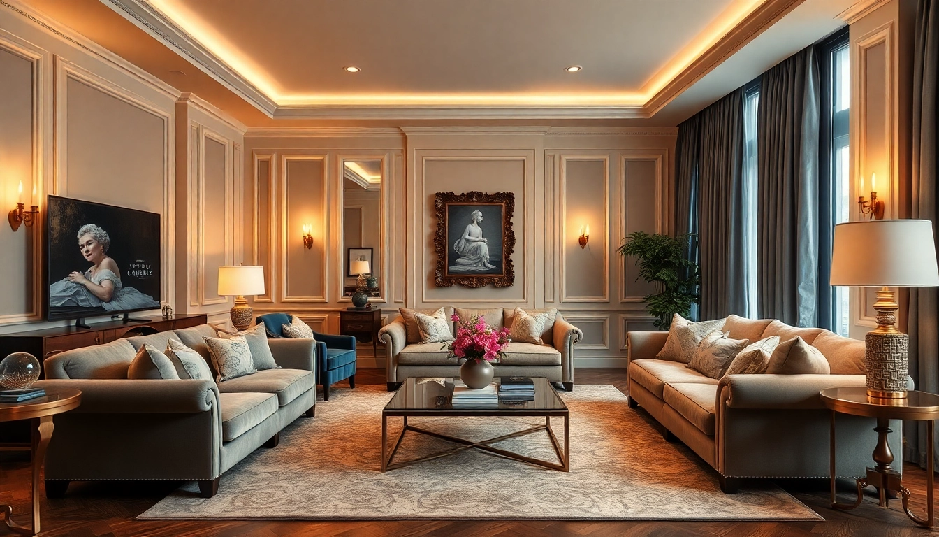 Luxury living room showcasing elegant decor and warm lighting for a cozy atmosphere.