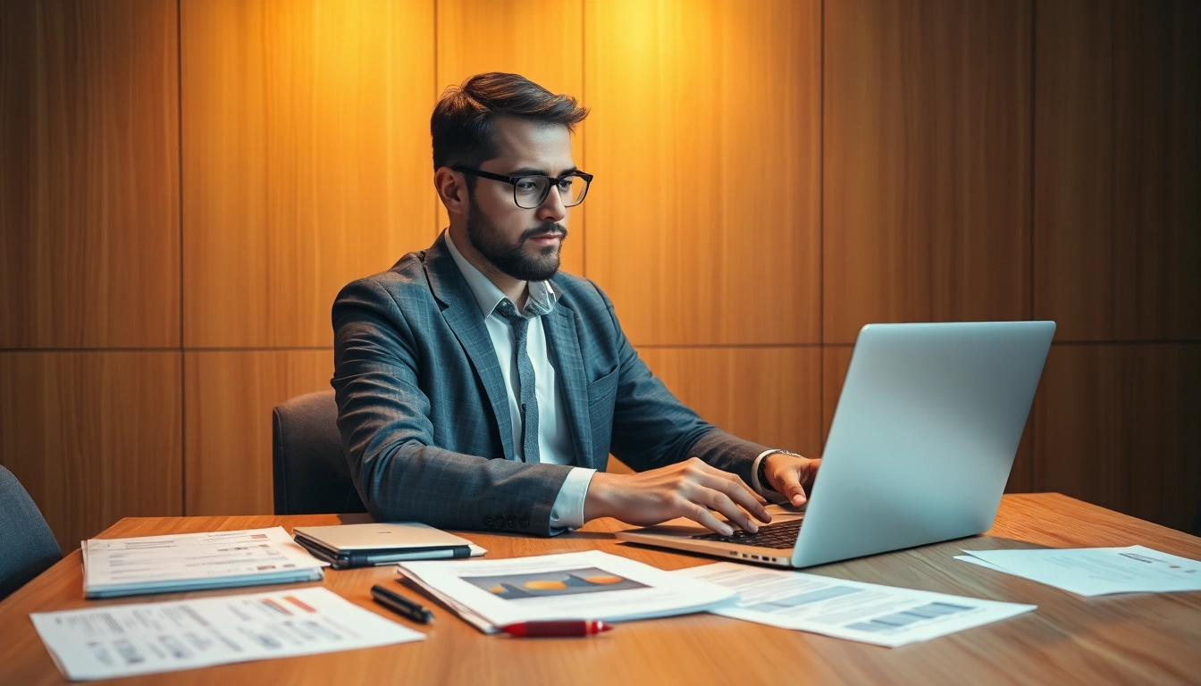 Professioneller Headhunter für Vertrieb bei der Arbeit am Laptop, umgeben von Dokumenten und Notizen.