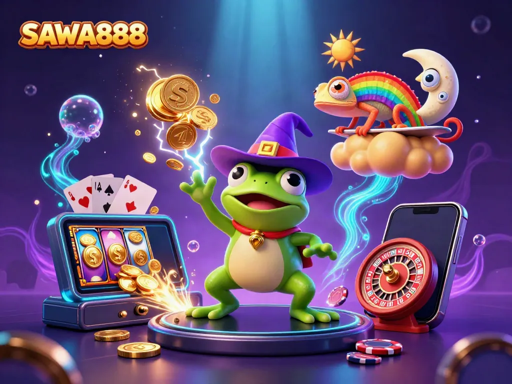 SAWA888 showcases a magical scene featuring a weather wizard frog creating a golden coin storm amid vibrant casino elements.