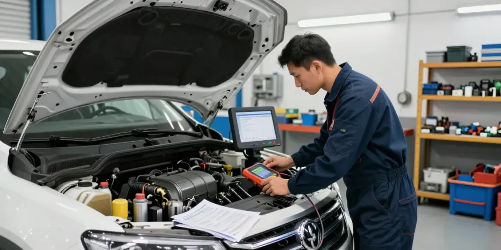 Mechaniker führt die DPF-Regeneration in einer modernen Werkstatt durch.
