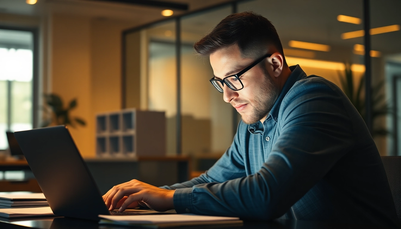 Headhunter arbeitet fokussiert am Laptop in einem modernen Büro.