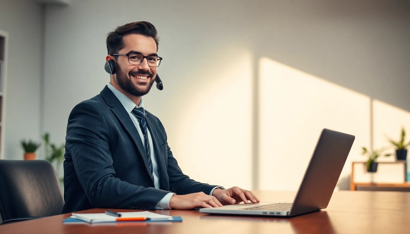 Headhunter in einem modernen Büro, telefonierend und umgeben von Akten und Laptop.