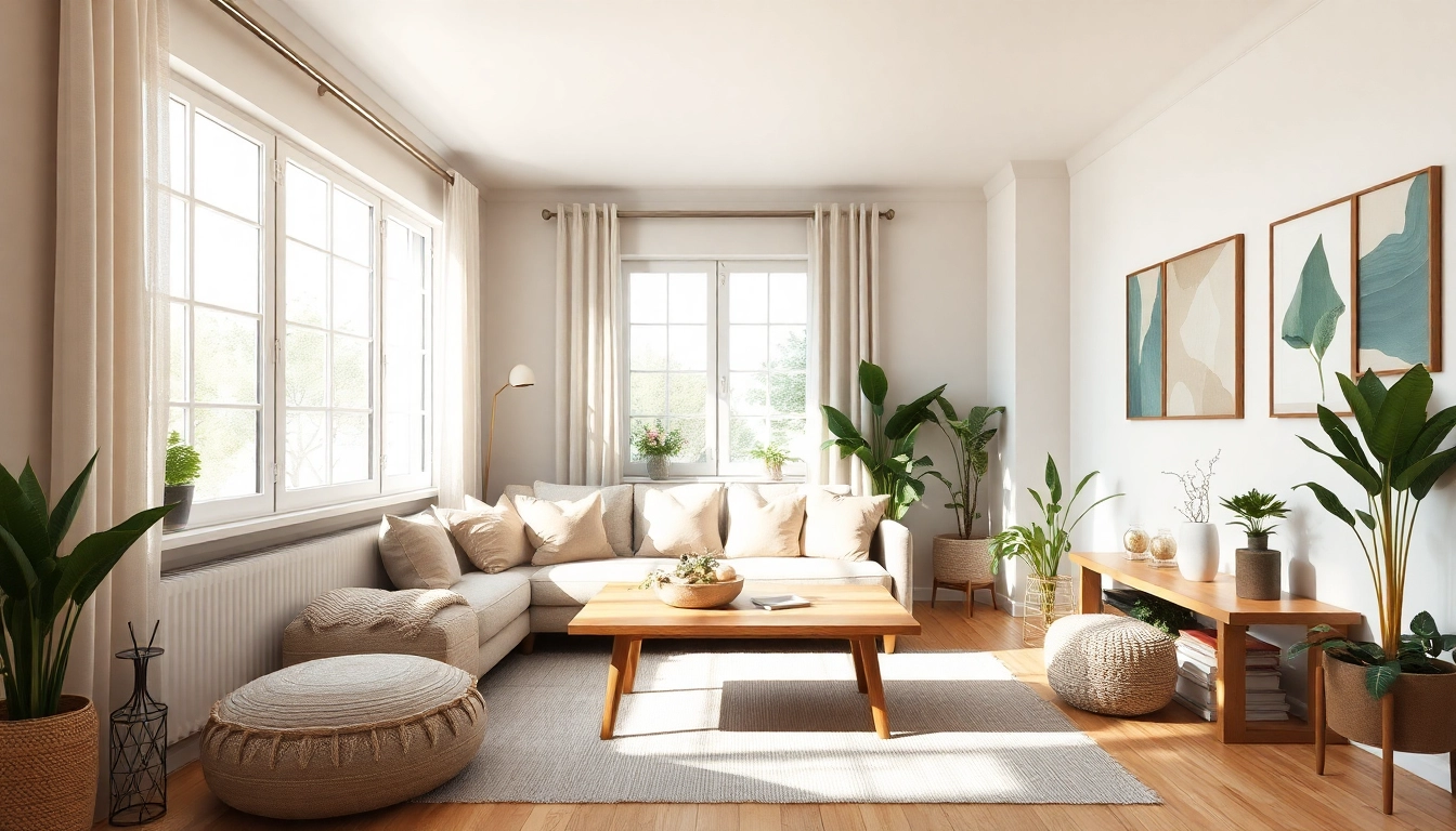 Moderne Raumgestaltung mit hellem Wohnzimmer, eleganten Möbeln und Pflanzen für einladende Atmosphäre.