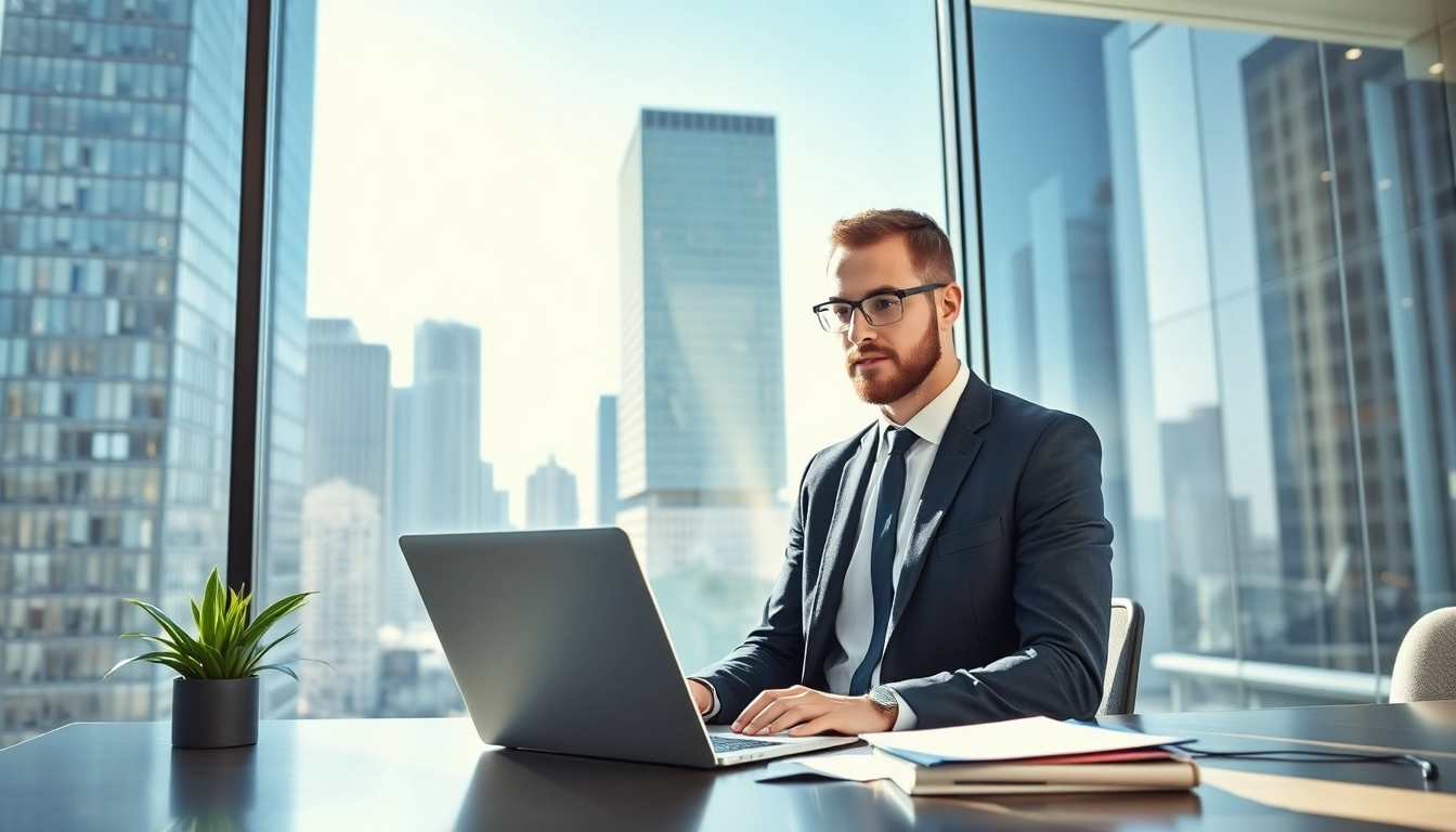 Headhunter Frankfurt arbeitet in einem modernen Büro mit Hochhäusern im Hintergrund.