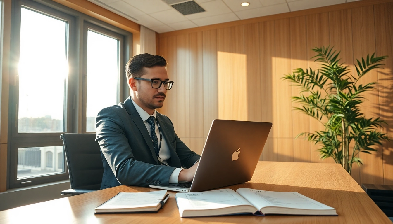 Headhunter Kassel arbeitet an einem Laptop in modernem Büro, zeigt professionelle Umgebung und Engagement im Recruiting.