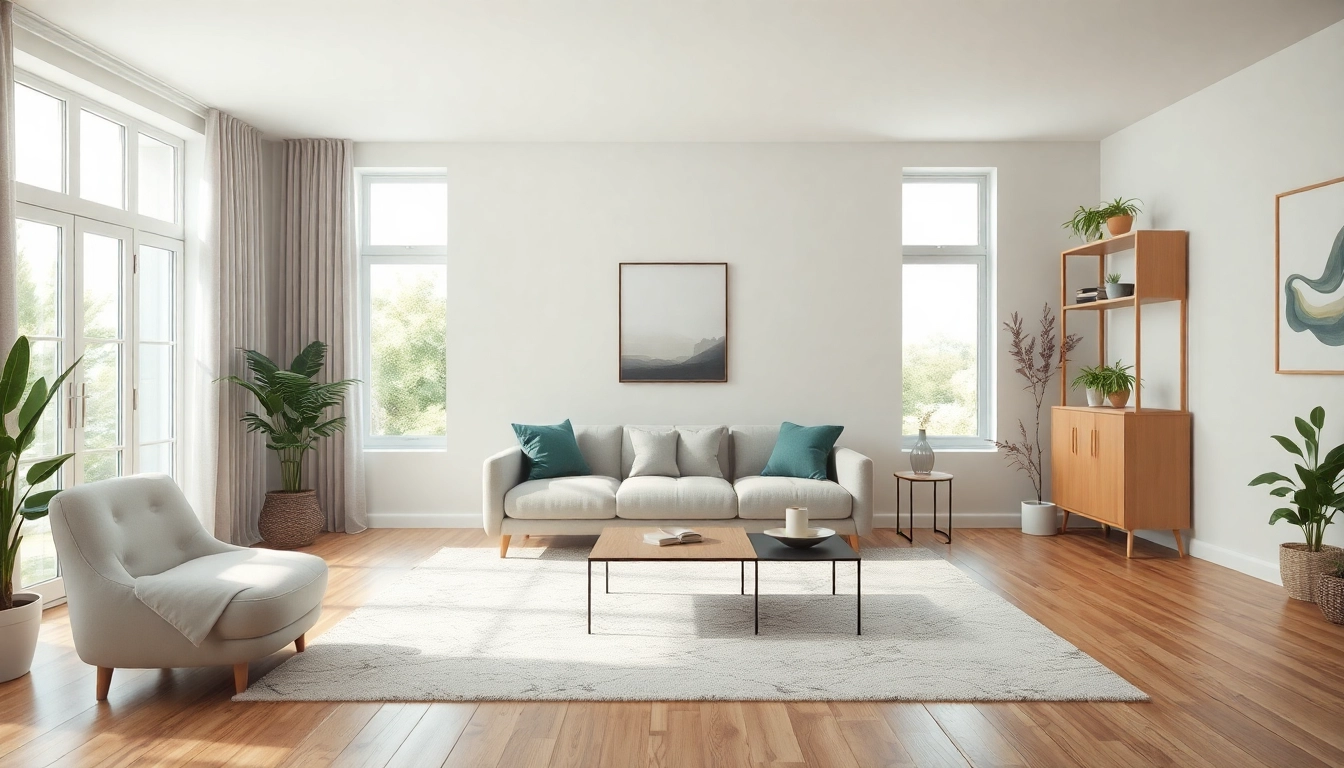 Moderne Raumgestaltung mit elegantem Sofa und stilvollen Akzenten.
