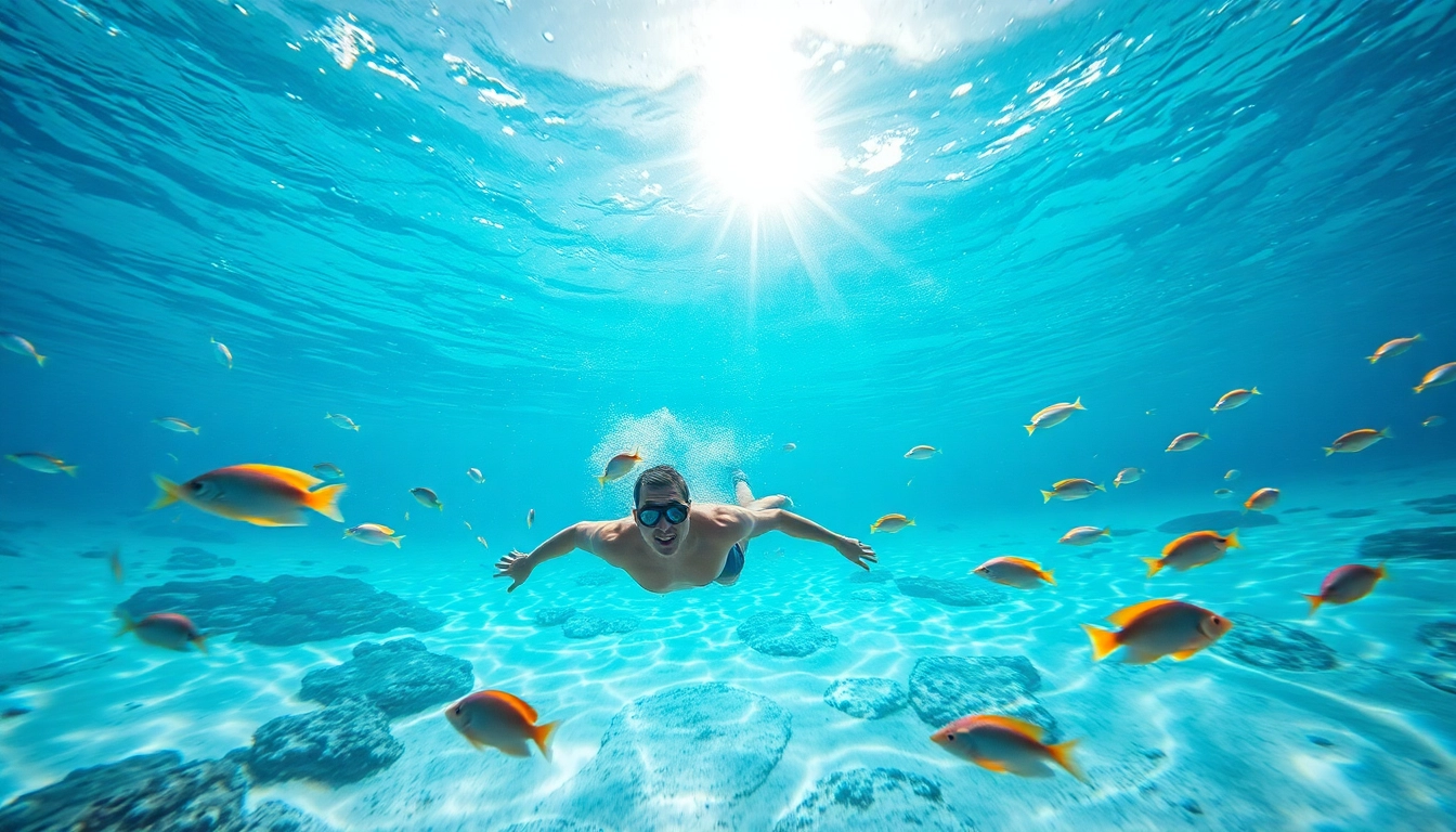 Tauchen in Playa del Carmen: Ein Taucher erkundet ein lebendiges Korallenriff in kristallklarem Wasser.