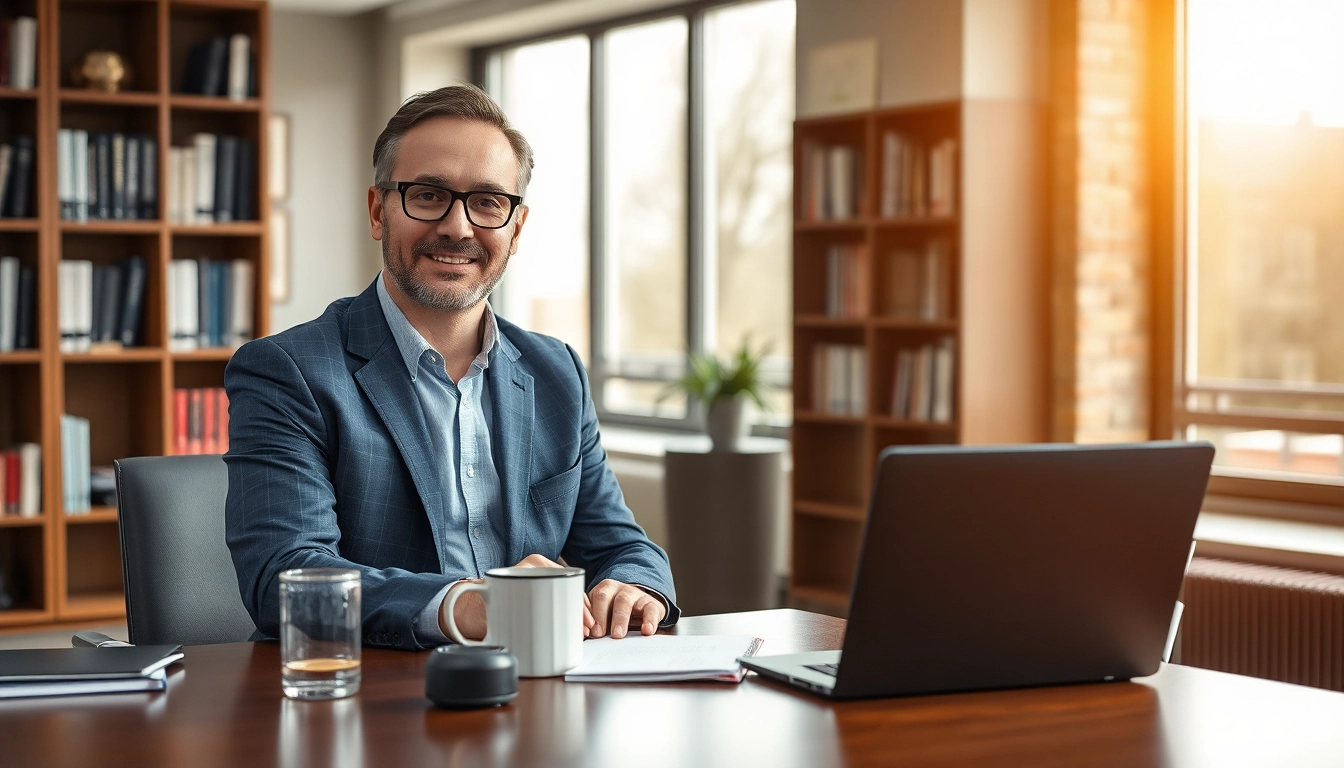 Headhunter Solingen bei der Arbeit in einem modernen Büro, freundlich und engagiert.