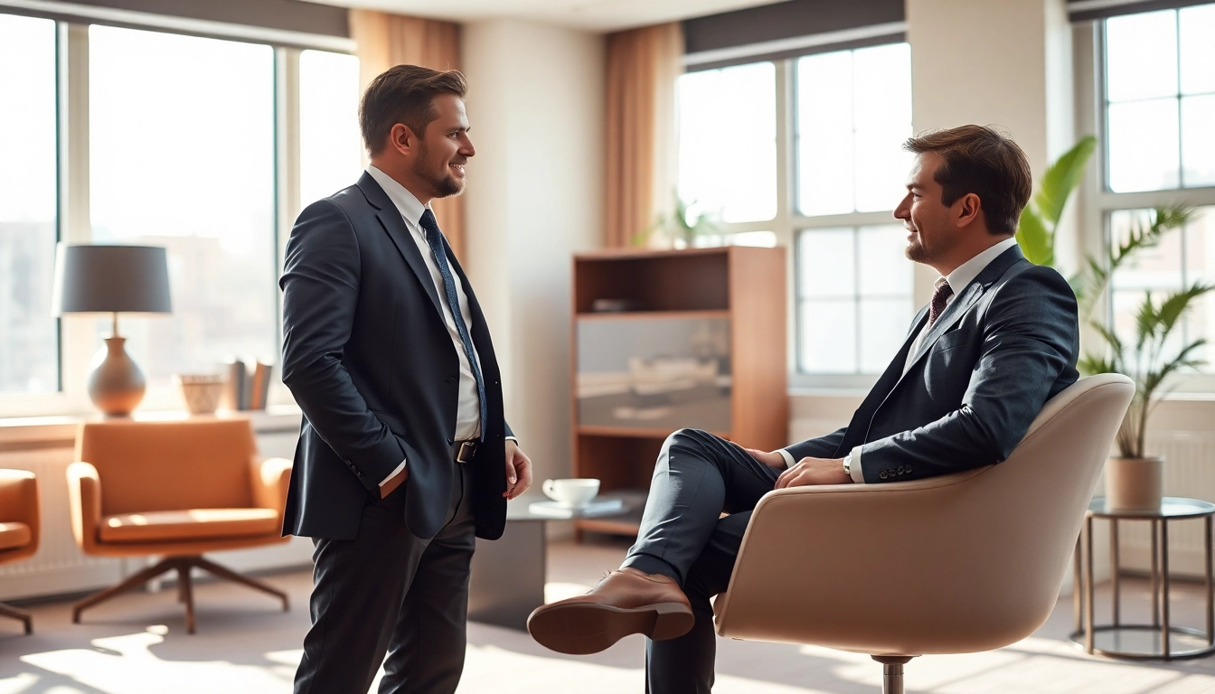 Headhunter Führungskräfte im Gespräch mit qualifiziertem Kandidaten in elegantem Büro.