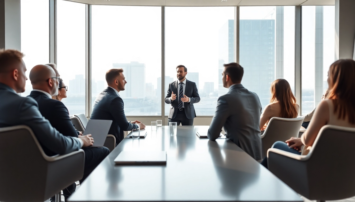 Interaktion zwischen einem Headhunter IT und IT-Profis während eines Meetings, das Fachwissen und modernste Technologien demonstriert.