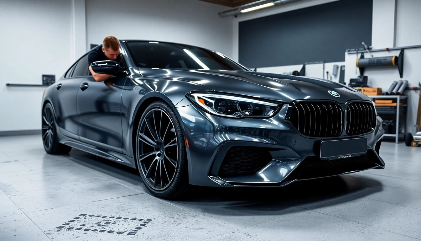 XPEL PPF München: Hochwertige Lackschutzfolierung eines eleganten Fahrzeugs, kunstvoll während der Anwendung von einem Fachmann bearbeitet.